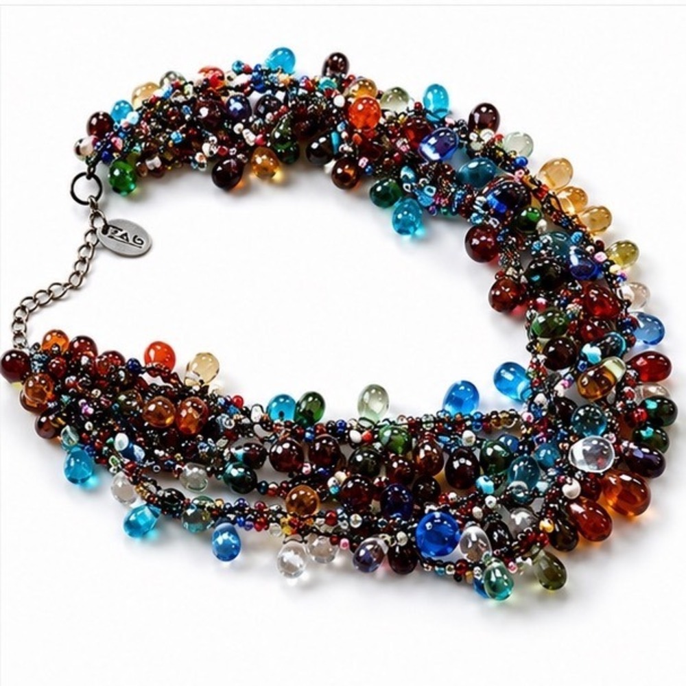 ZAG Bijoux Multicolor Glass Teardrop Multi Strand Bib Statement Necklace Boho